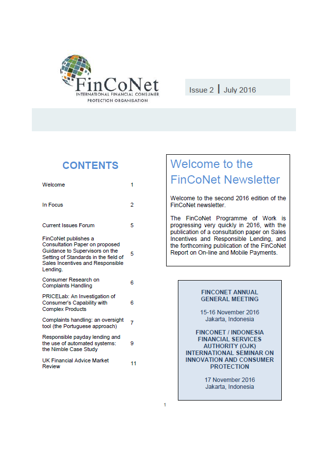 FinCoNet - Newsletter July 2016
