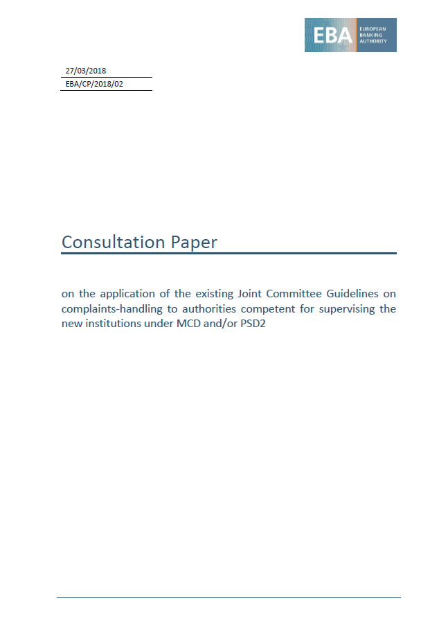 Consultation paper on the application of guidelines on complaints-handling to new institutions