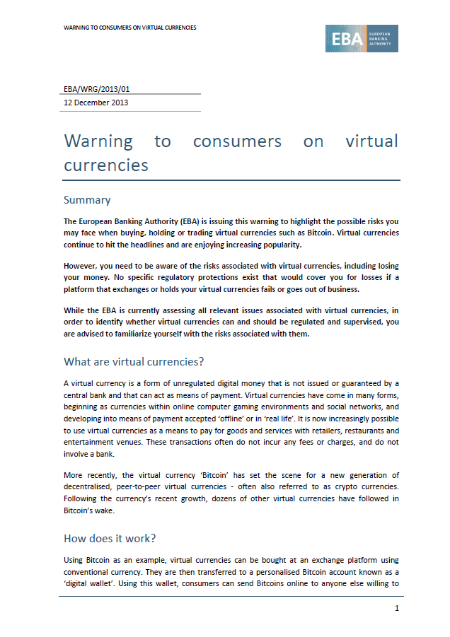 Warning on virtual currencies